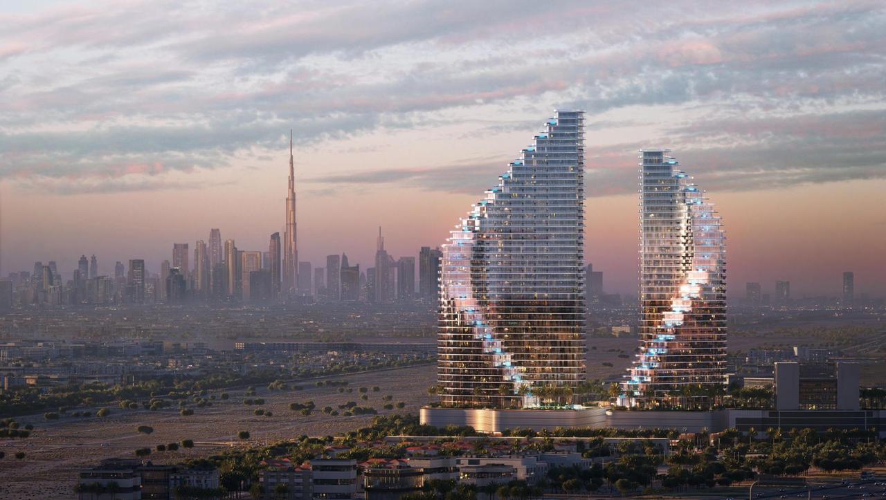 Binghatti Flare towers with Dubai skyline